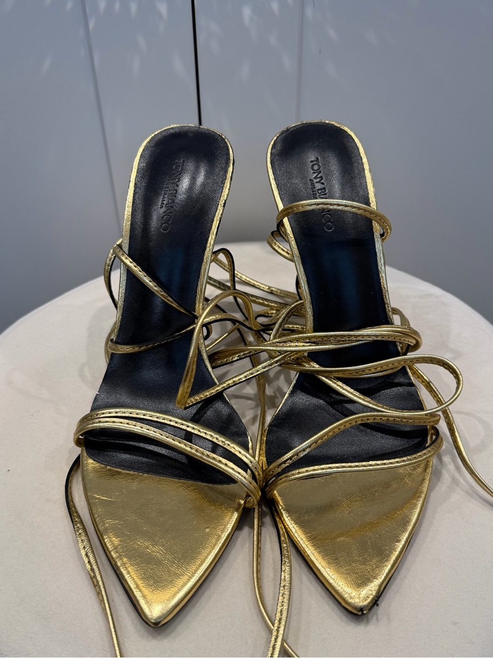 Tony Bianco Metallic Gold Lace-Up Pointed Toe Heels